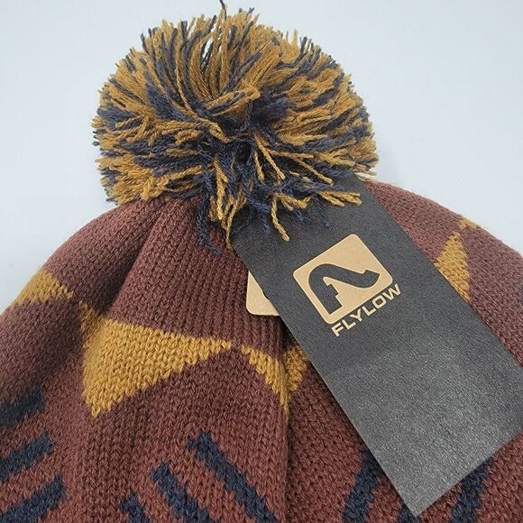 Flylow Revival Pom Beanie Rust Red Yellow Blue Stretch Knit Hat Unisex Size OSFM - Picture 4 of 6